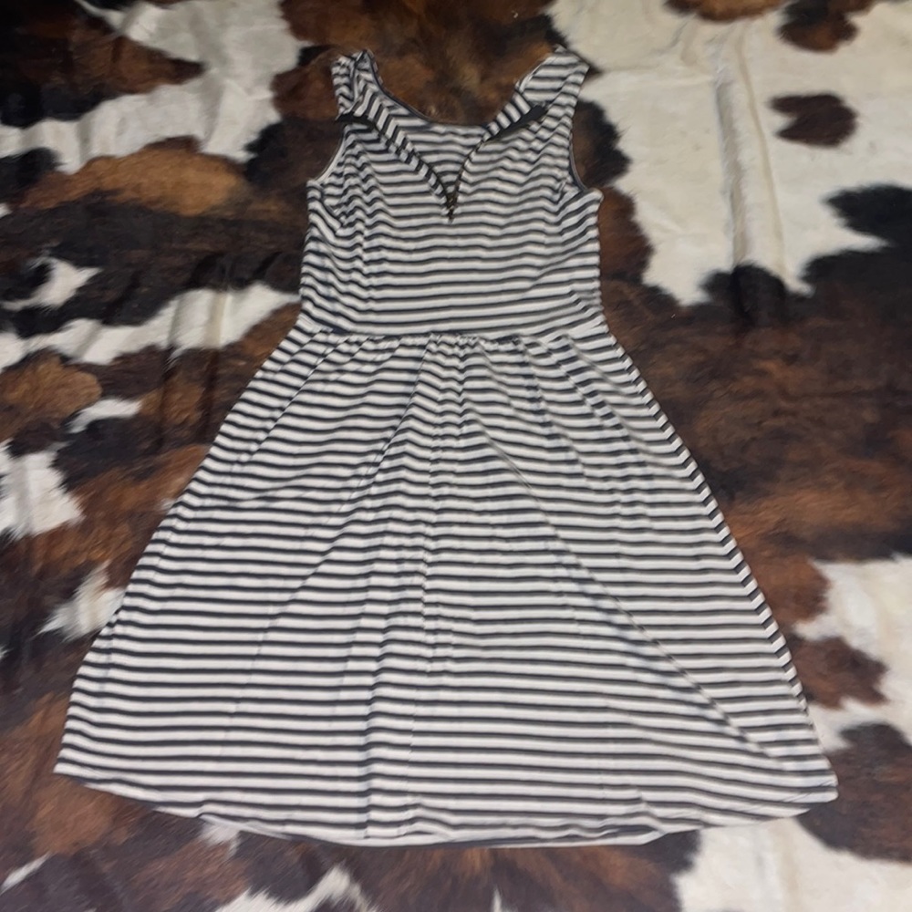 medium navy blue and white striped zip up dress